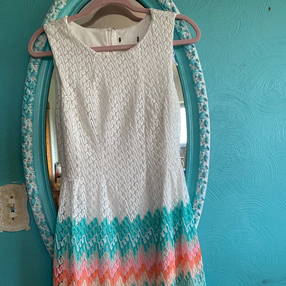 R&K Sleeveless Lace Fit and Flare White dress with Teal and Coral design
